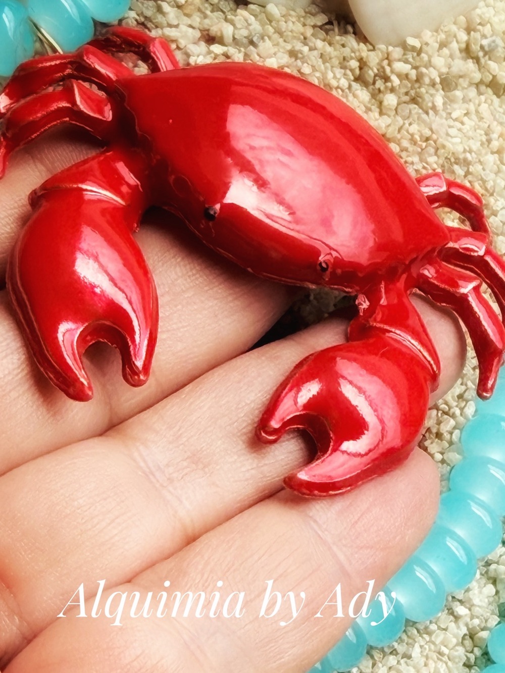 Alquimia Red Crab Pendant Necklace with Turquoise crystal Beads - Picture 3 of 4